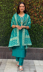 Lorenvalley Fashion Teal Roman Silk Hand Work Kurta Pant with Dupatta - Distacart