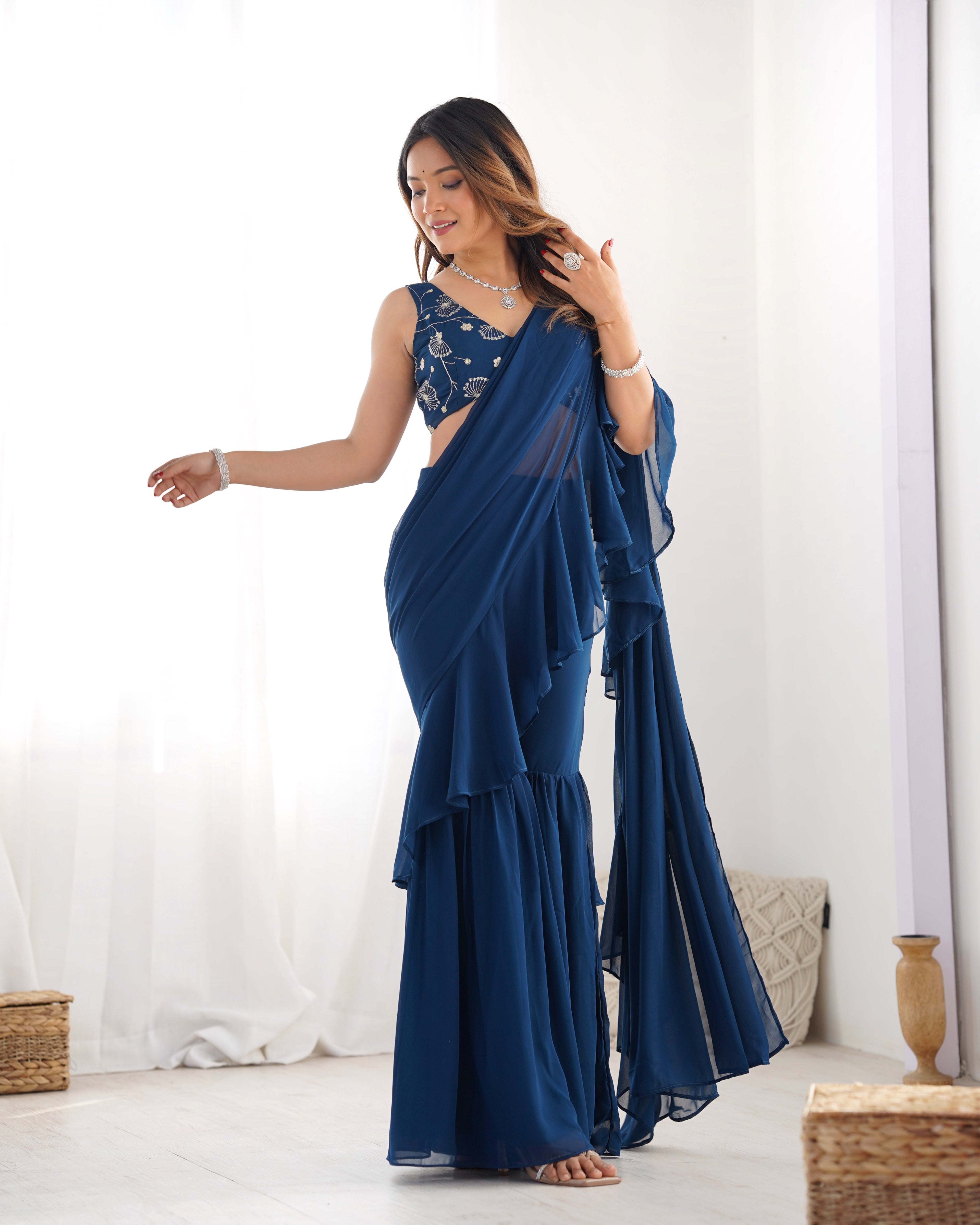 Lorenvalley Teal Faux Georgette Ready To Wear Sharara Saree with Full Stitched Blouse - Distacart