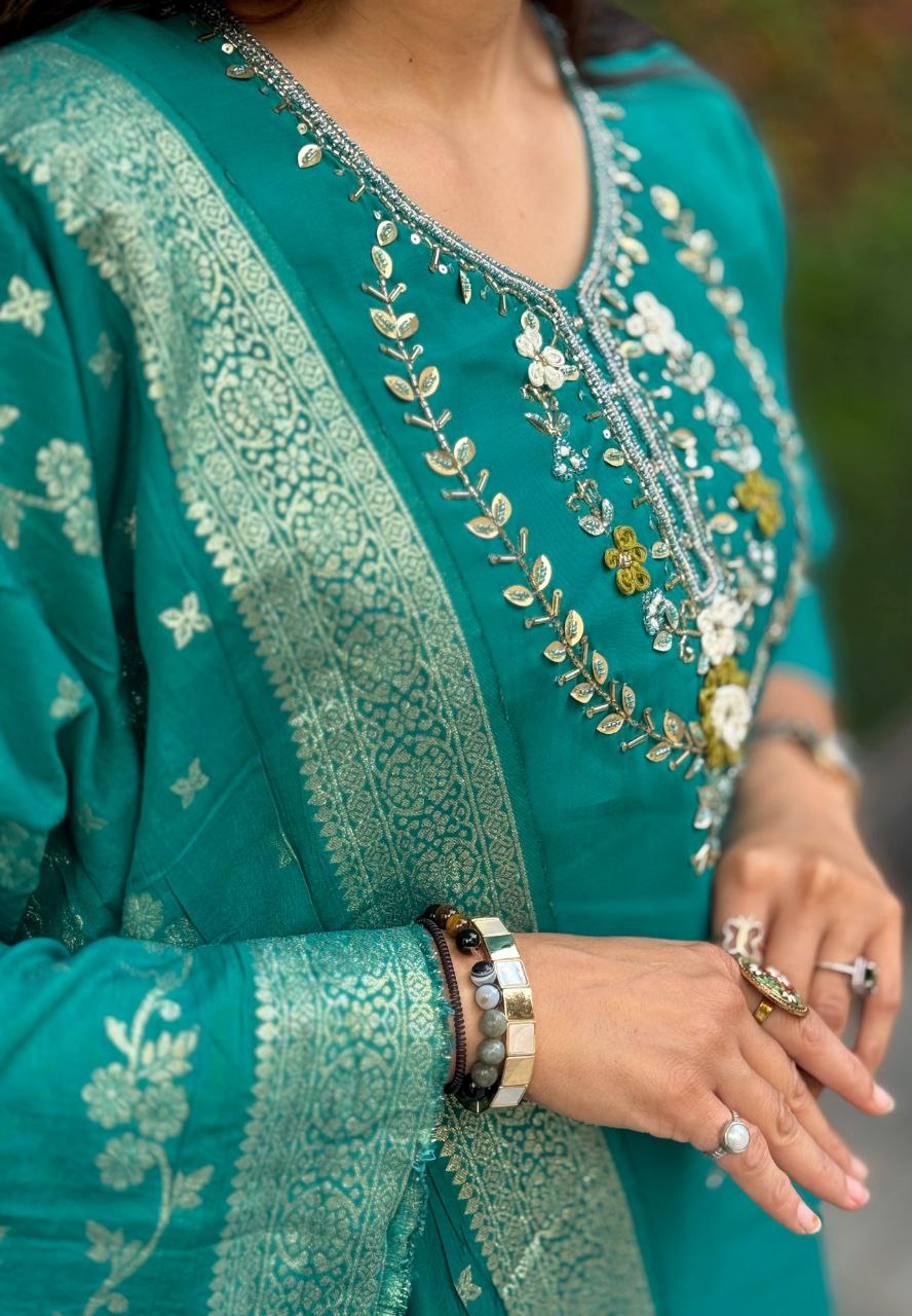 Lorenvalley Fashion Teal Roman Silk Hand Work Kurta Pant with Dupatta - Distacart