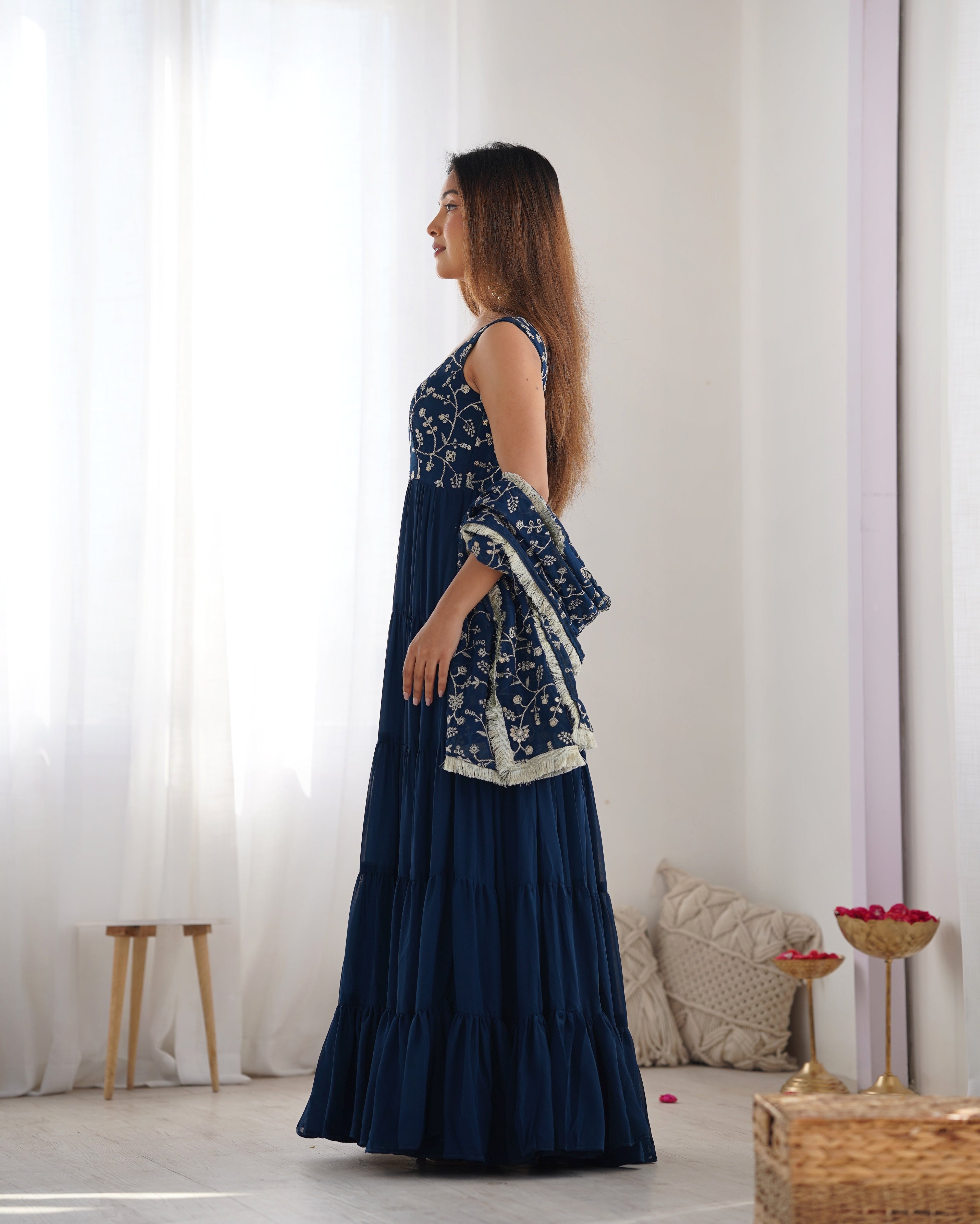 Lorenvalley Teal Faux Georgette Layer Gathering Anarkali Pant With Dupatta Set