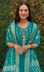 Lorenvalley Fashion Teal Roman Silk Hand Work Kurta Pant with Dupatta - Distacart