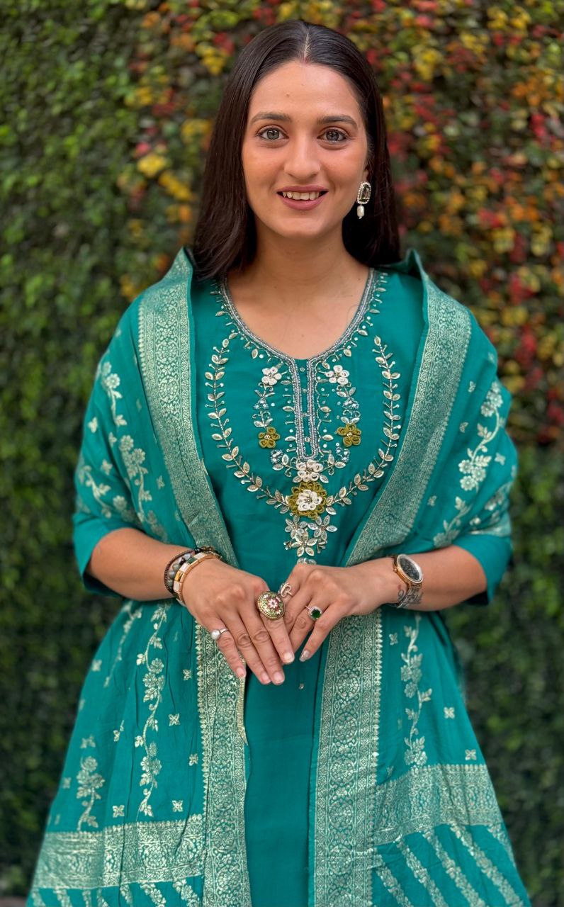 Lorenvalley Fashion Teal Roman Silk Hand Work Kurta Pant with Dupatta - Distacart