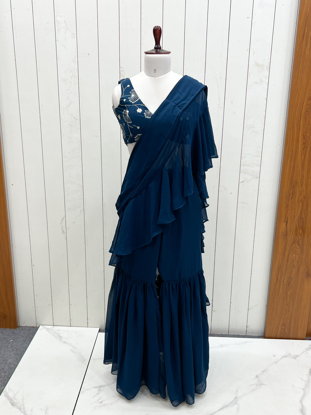 Lorenvalley Teal Faux Georgette Ready To Wear Sharara Saree with Full Stitched Blouse - Distacart