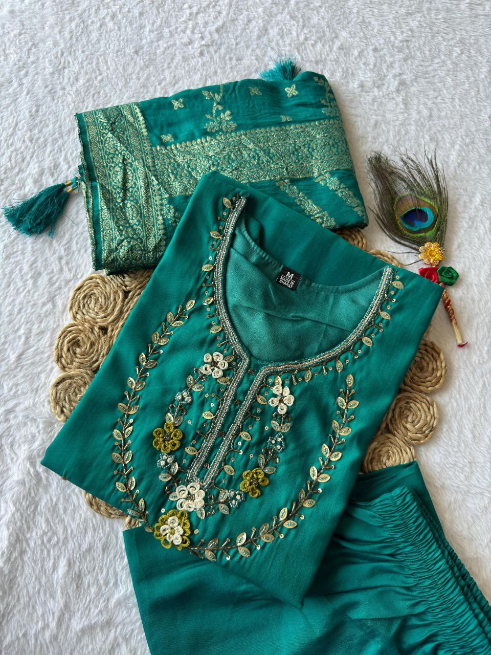 Lorenvalley Fashion Teal Roman Silk Hand Work Kurta Pant with Dupatta - Distacart