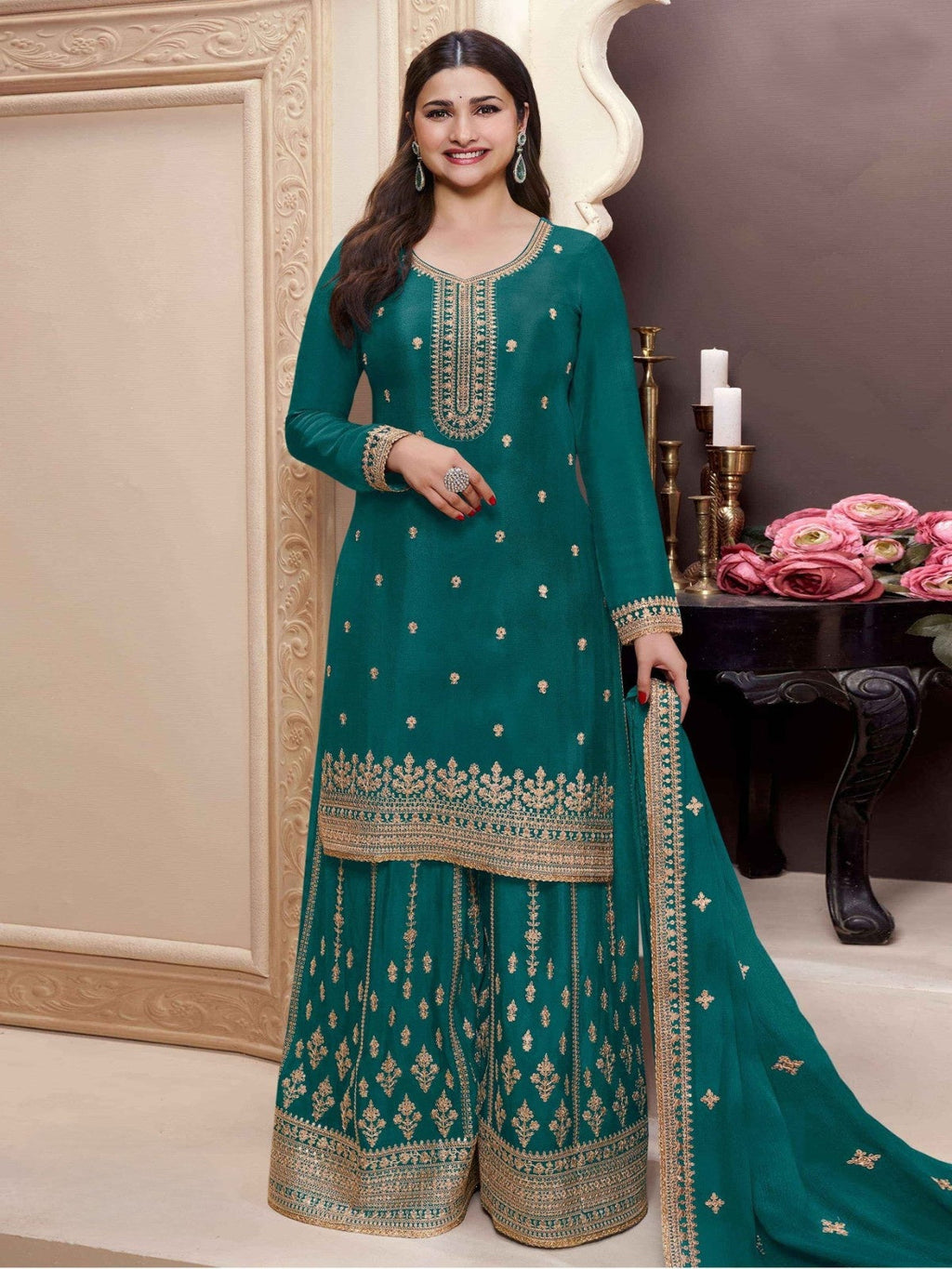 Anaita Teal Chinon Embroidered Salwar Suit - Distacart