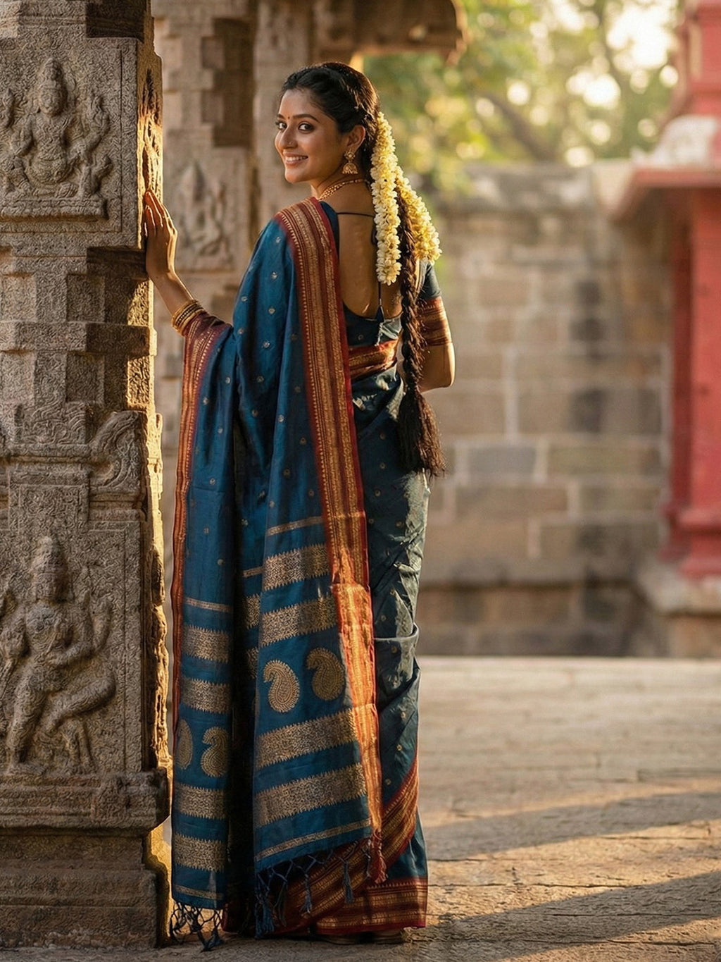 Anaita Teal Silk Woven Saree With Blouse - Distacart