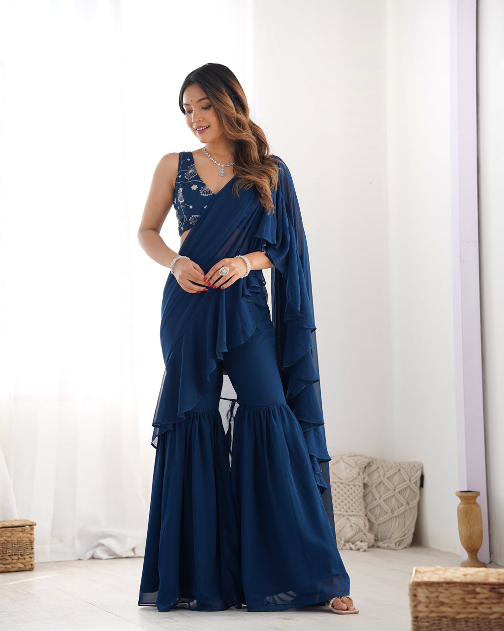 Lorenvalley Teal Faux Georgette Ready To Wear Sharara Saree with Full Stitched Blouse - Distacart