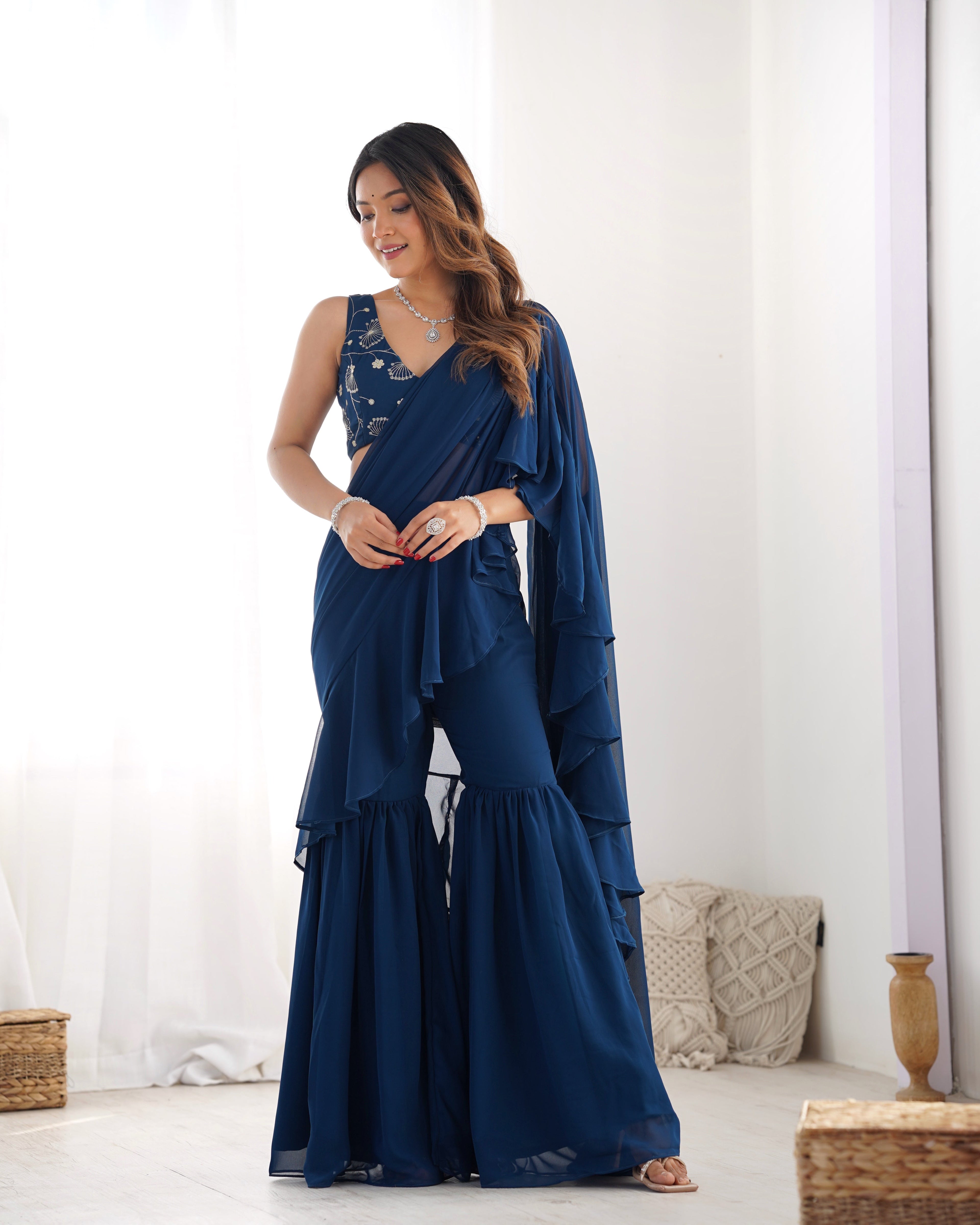 Lorenvalley Teal Faux Georgette Ready To Wear Sharara Saree with Full Stitched Blouse - Distacart