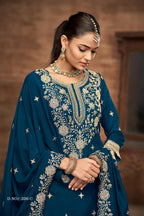 Anaita Teal Premium Embroidered Vichitra Silk Lehenga Style Suit
