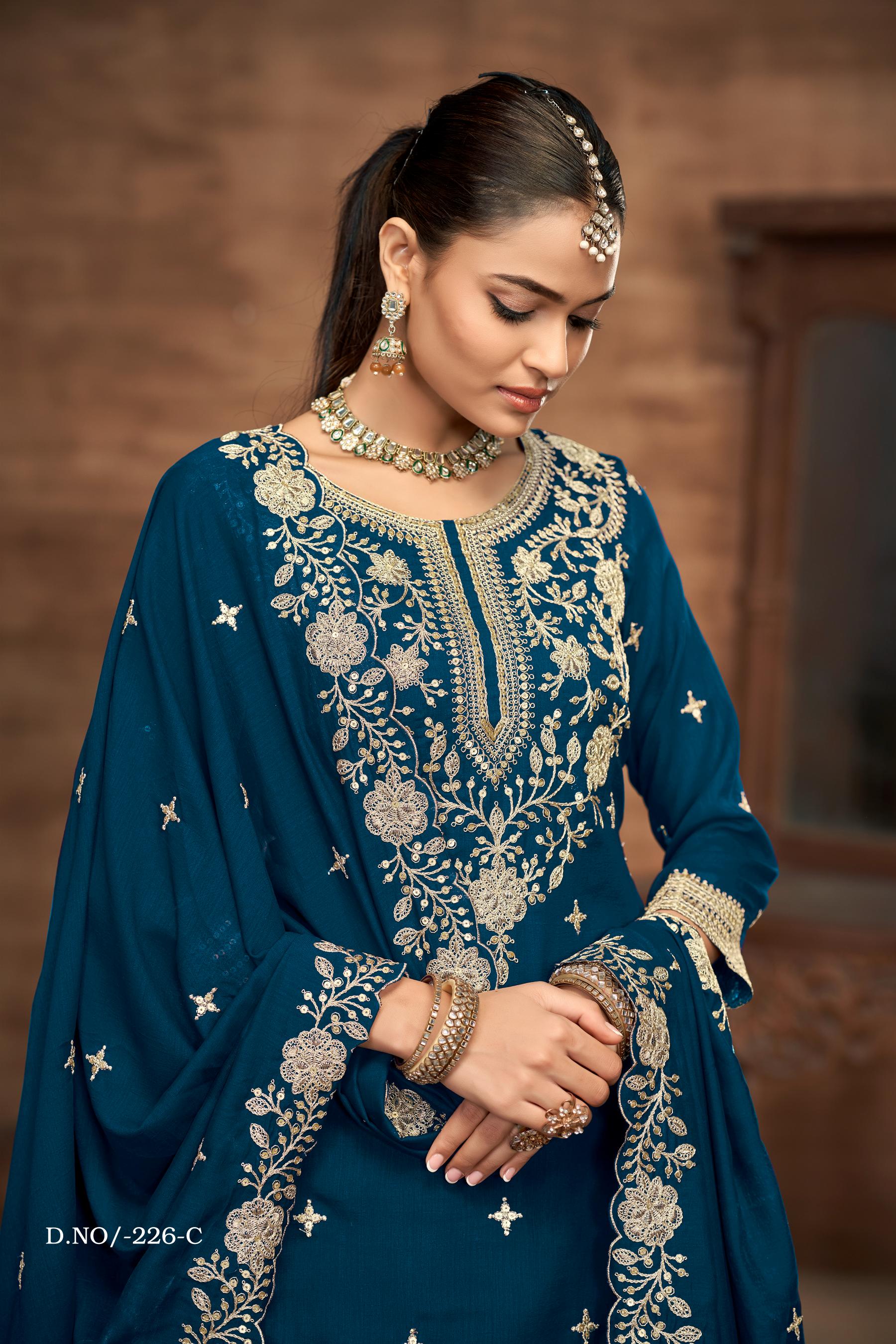 Anaita Teal Premium Embroidered Vichitra Silk Lehenga Style Suit