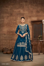 Anaita Teal Premium Embroidered Vichitra Silk Lehenga Style Suit