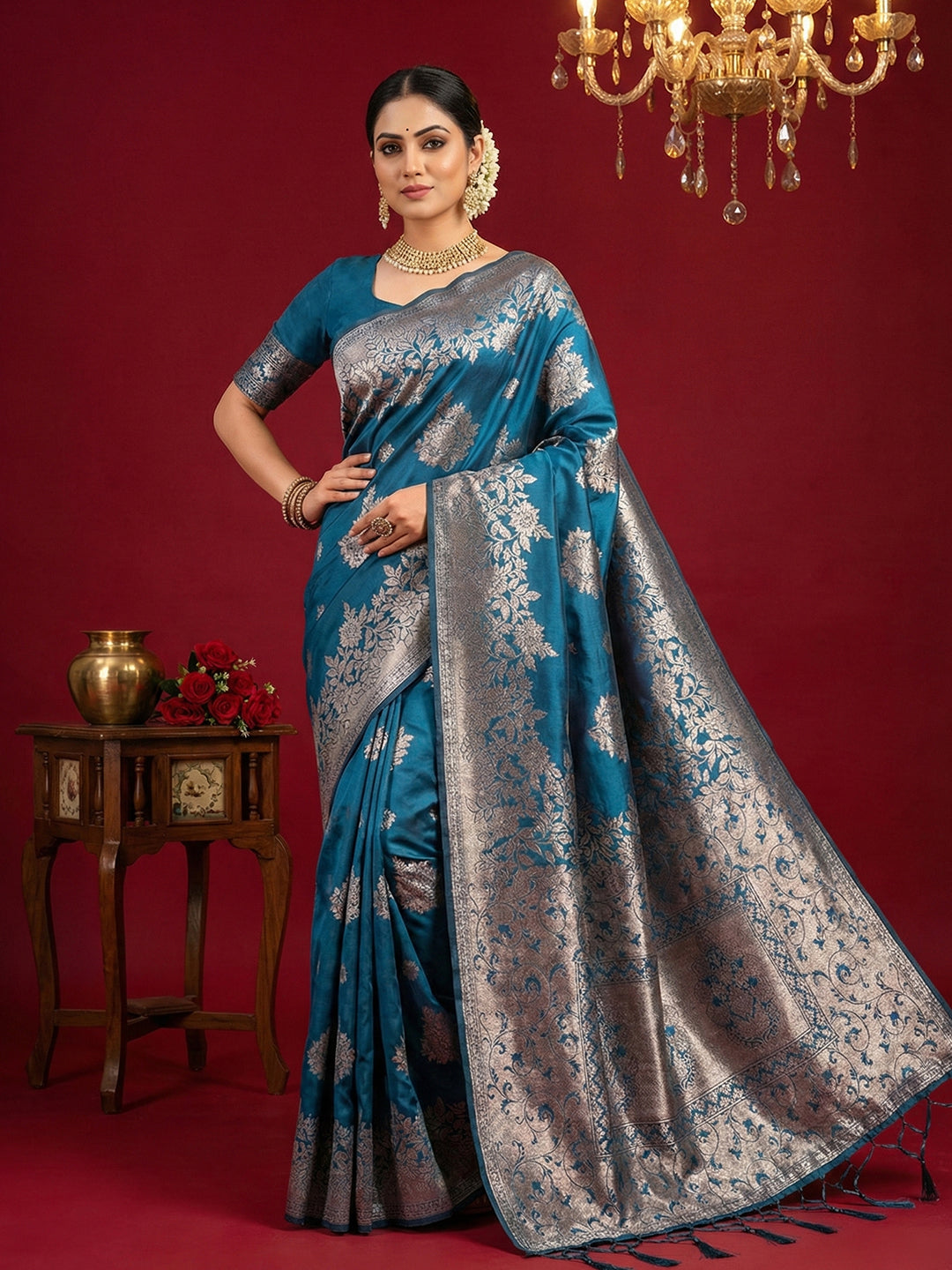 Anaita Teal Silk Blend Woven Saree With Blouse - Distacart