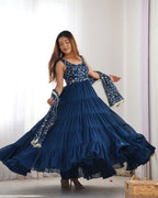 Lorenvalley Teal Faux Georgette Layer Gathering Anarkali Pant With Dupatta Set