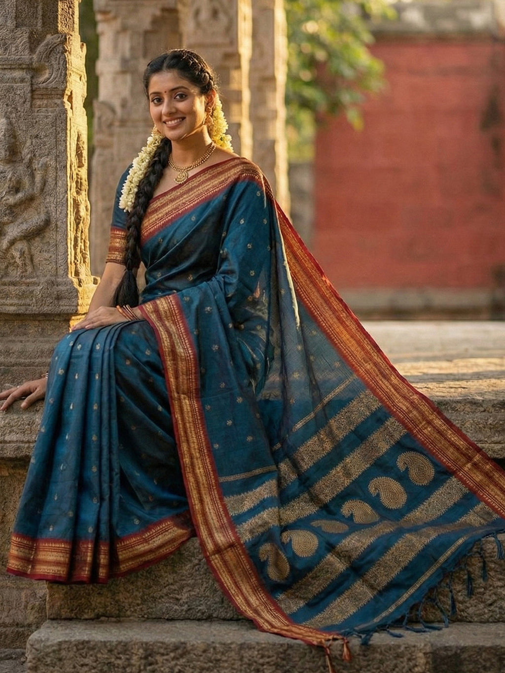 Anaita Teal Silk Woven Saree With Blouse - Distacart