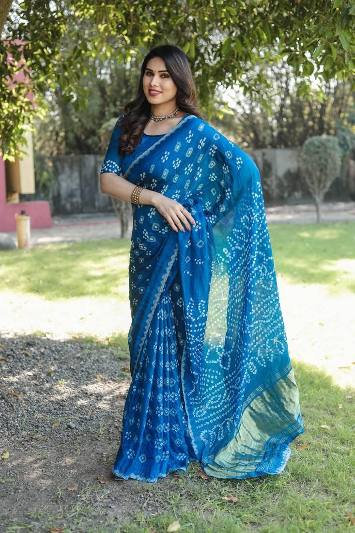 Anaita Teal Woven Design Pure Bandhej Silk Saree With Blouse - Distacart