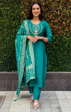 Lorenvalley Fashion Teal Roman Silk Hand Work Kurta Pant with Dupatta - Distacart