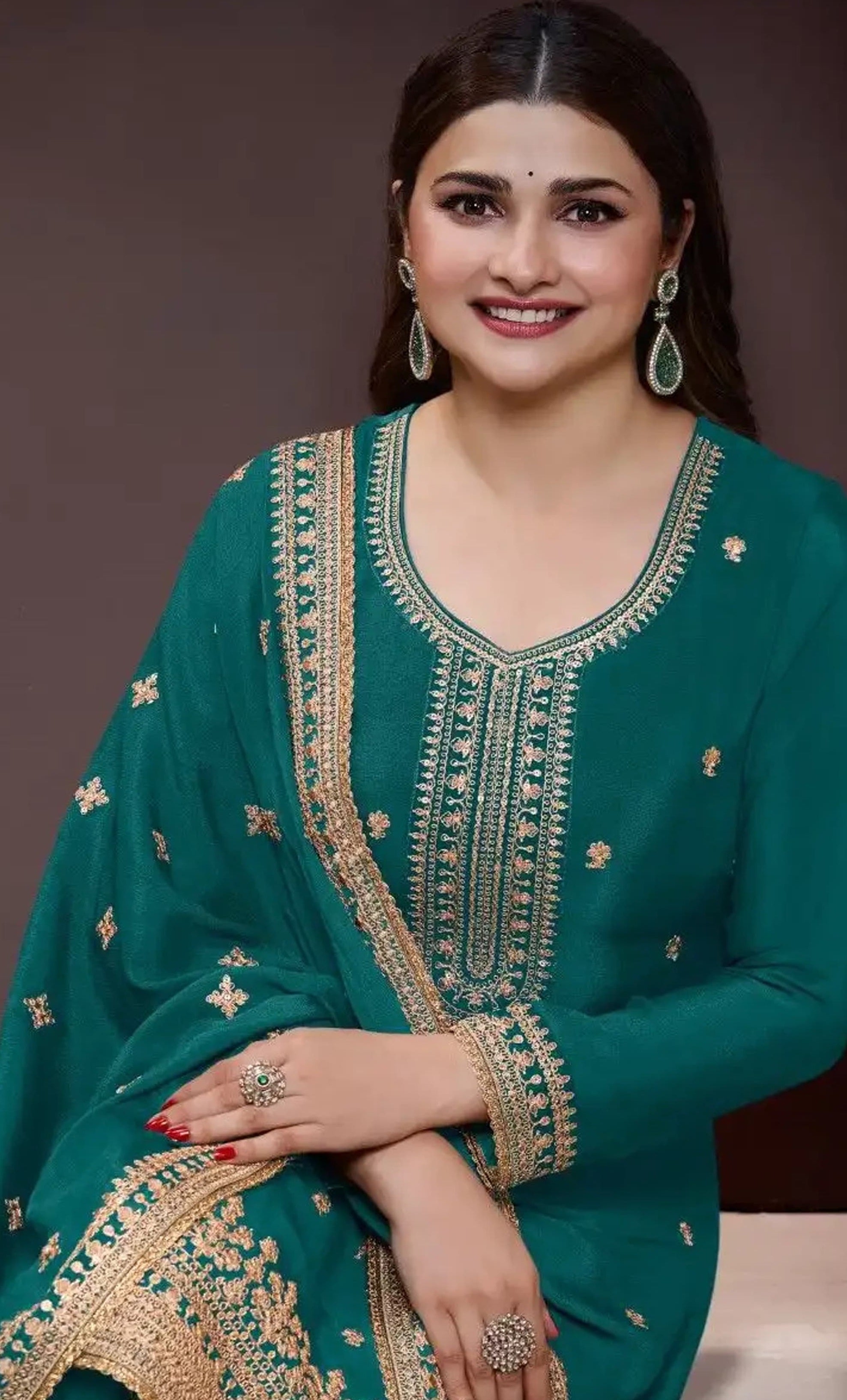 Anaita Teal Chinon Embroidered Salwar Suit - Distacart
