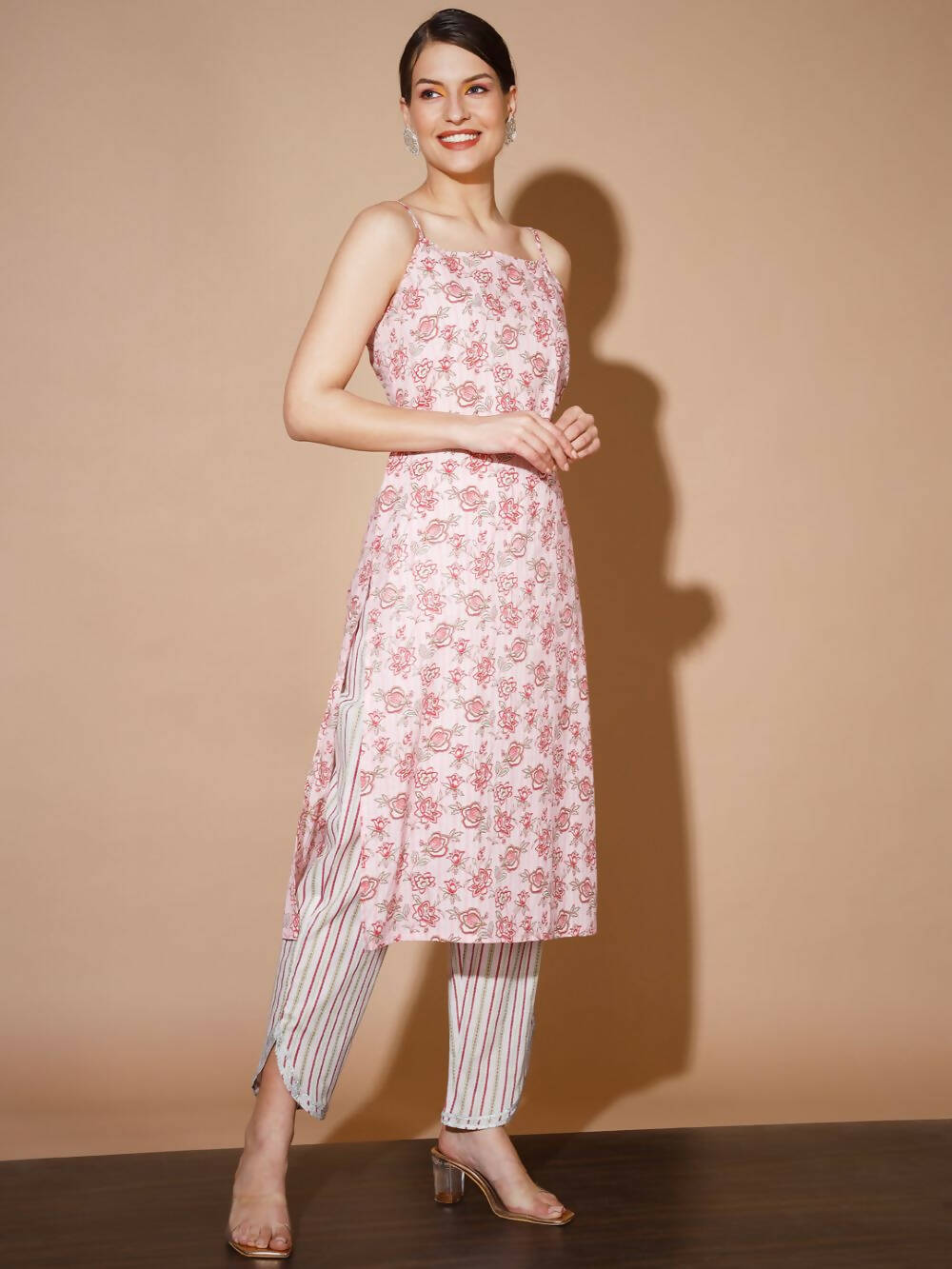 Myshka Women Pink Printed Kurta & Trousers - Distacart