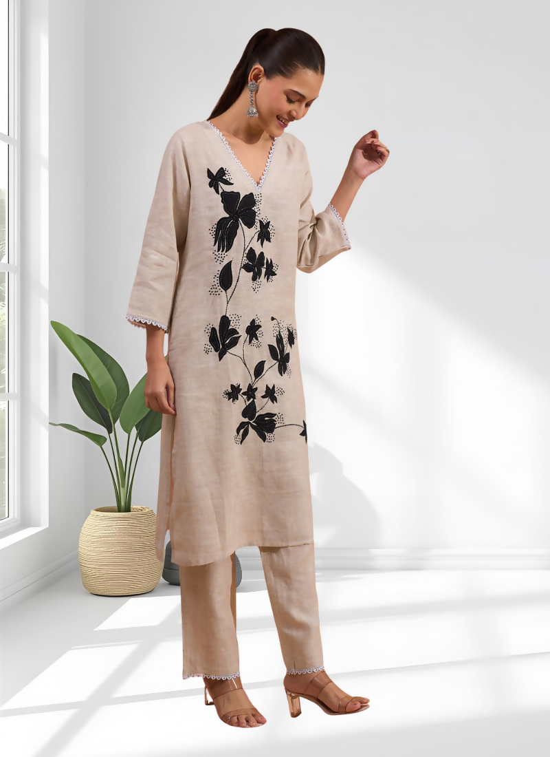 Joban Fashion Beige Linen Embroidered Readymade Long Kurta With Pant - Distacart