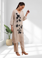 Joban Fashion Beige Linen Embroidered Readymade Long Kurta With Pant - Distacart