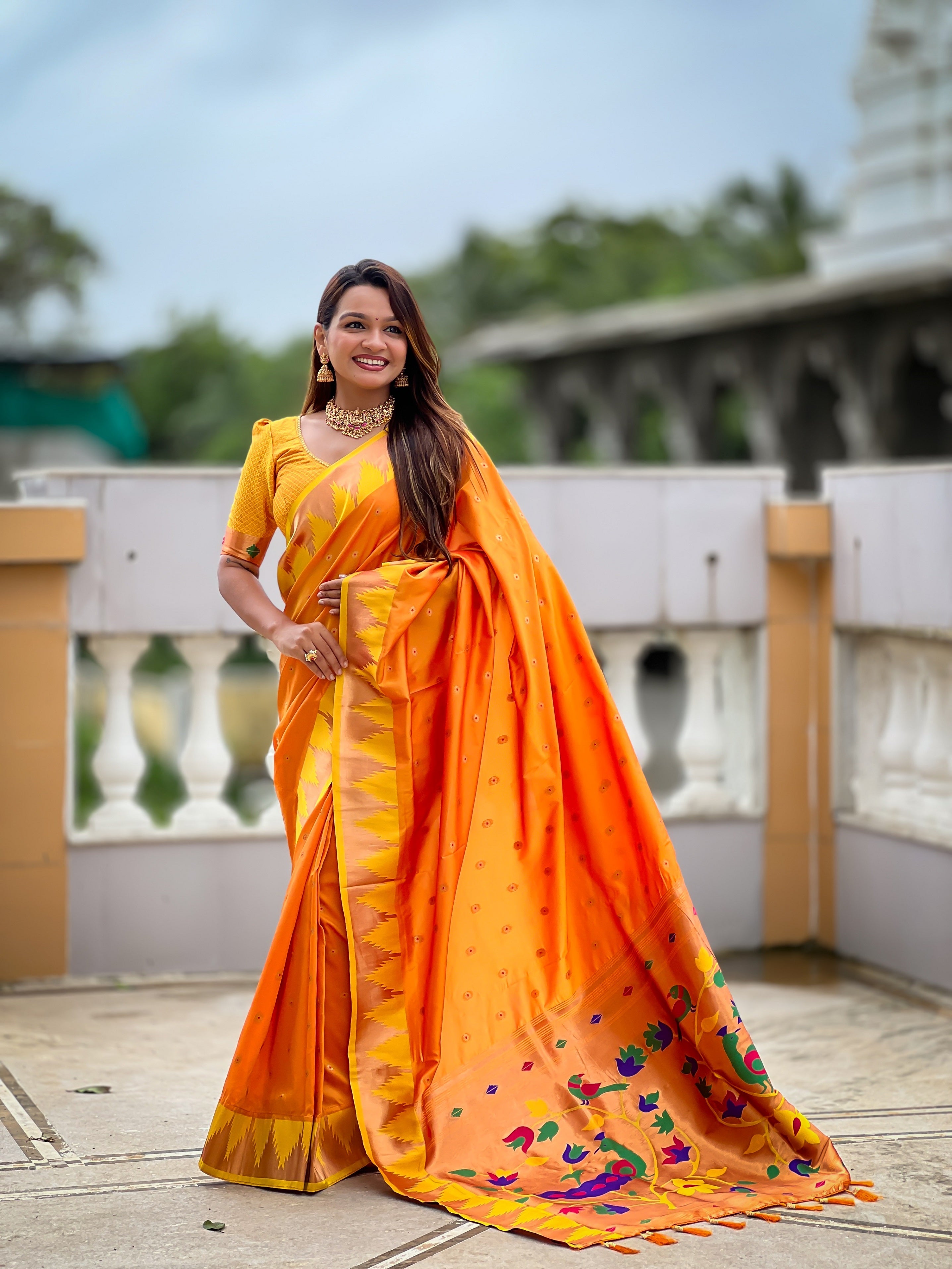 Vedant Vastram Soft Litchi Silk Banarasi Silk Jacquard Saree - Orange