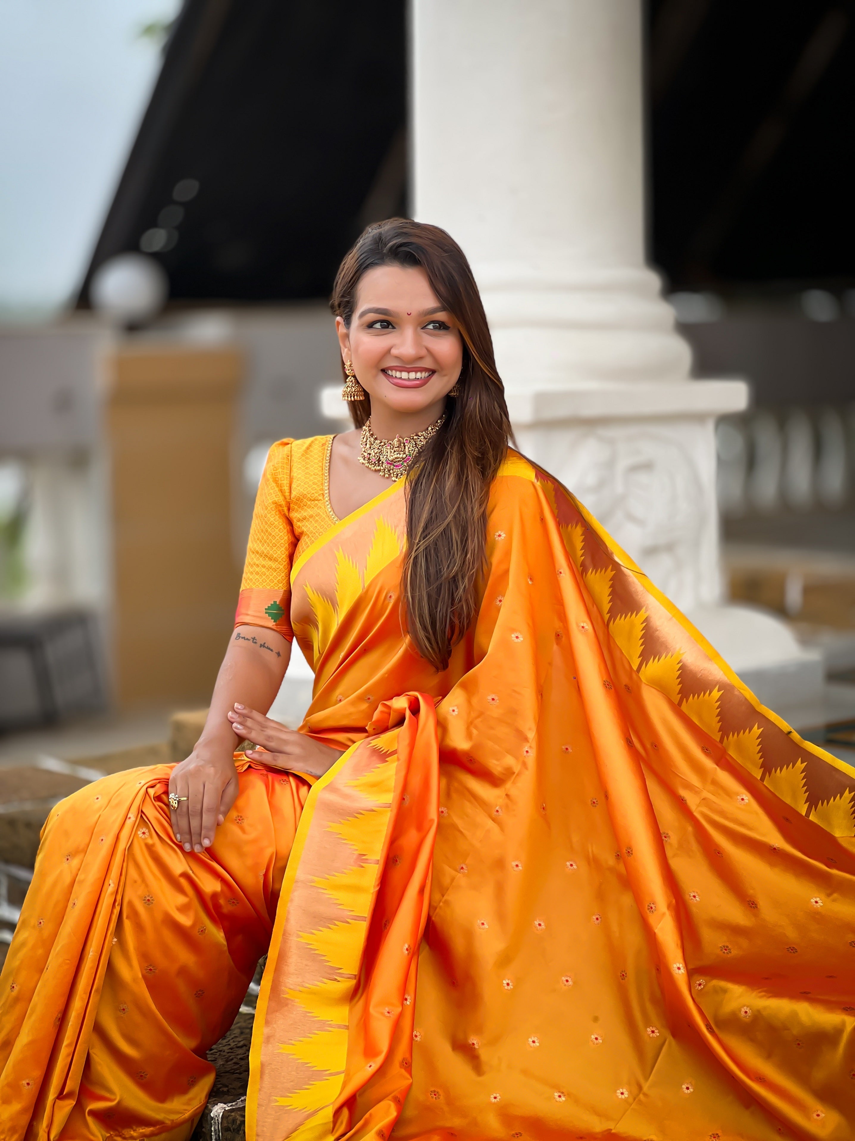 Vedant Vastram Soft Litchi Silk Banarasi Silk Jacquard Saree - Orange