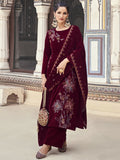 Jyoti Fashion Women's Maroon Velvet Resham Thread with Jari & Sequin Kurta with Trouser & Dupatta