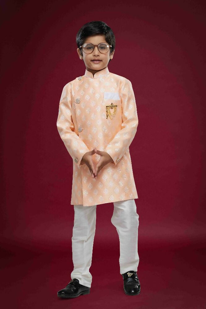 Raivat Ethnic Kids Banarasi Jacquard Woven Work Semi Indo Western Set Peach Colour