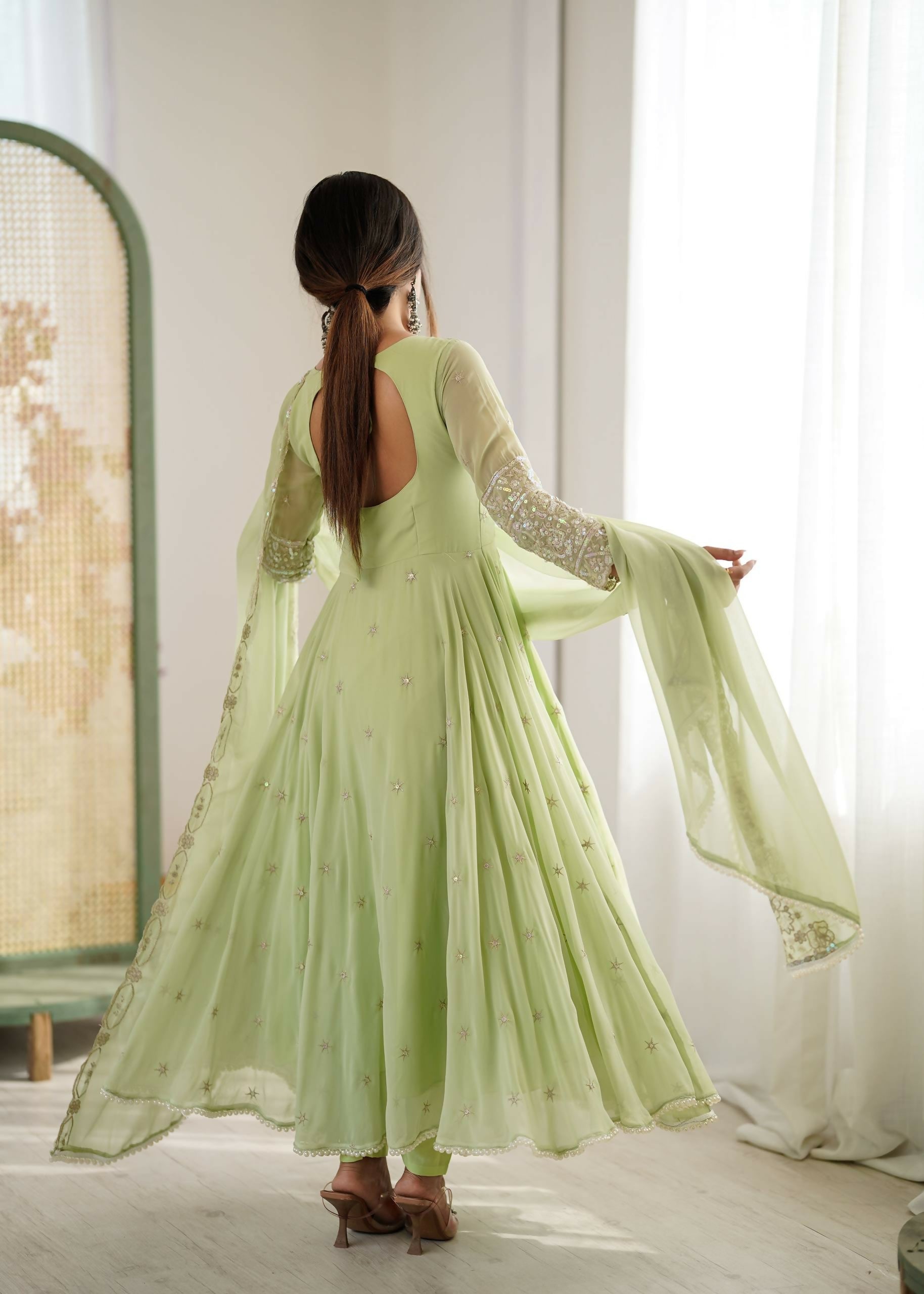 Teeya Creation Pista Color Faux georgette Embroidery Work Wedding Wear Gown - Distacart