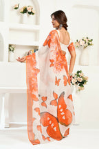 Vastranavya White Orange Digital Printed Linen Ready To Wear Designer Saree with Unstitched Blouse - Distacart