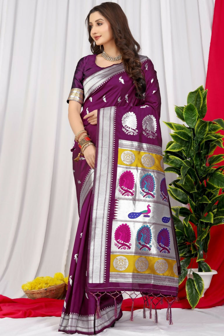 Jyoti Fashion Women's Wine Paithani Silk Zari Woven Saree with Blouse