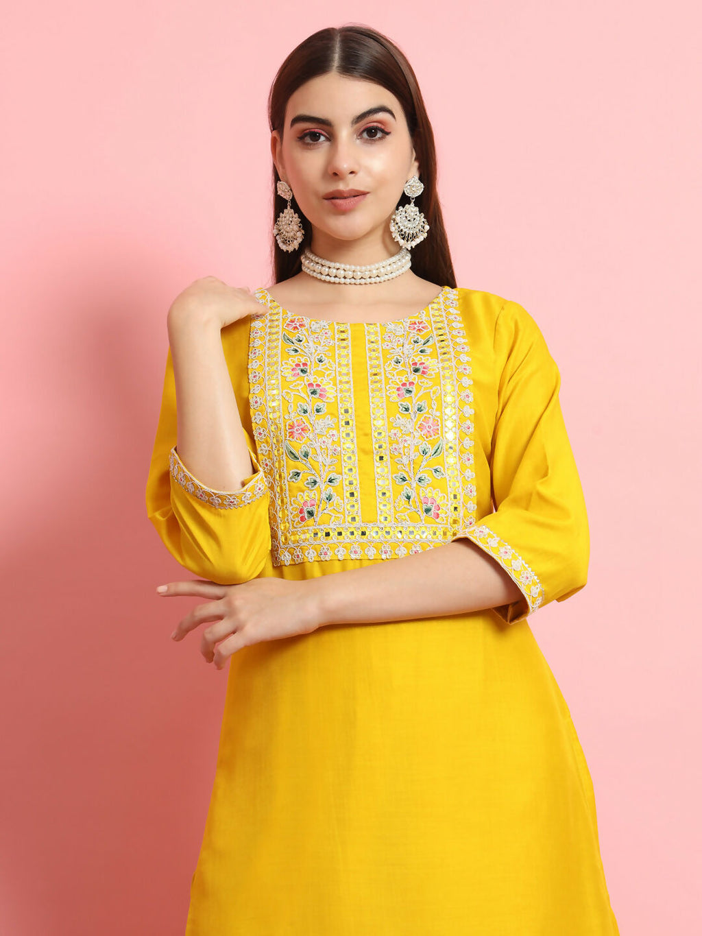 Vellora Sunshine Yellow Silk Blend Embroidered Casual Suit