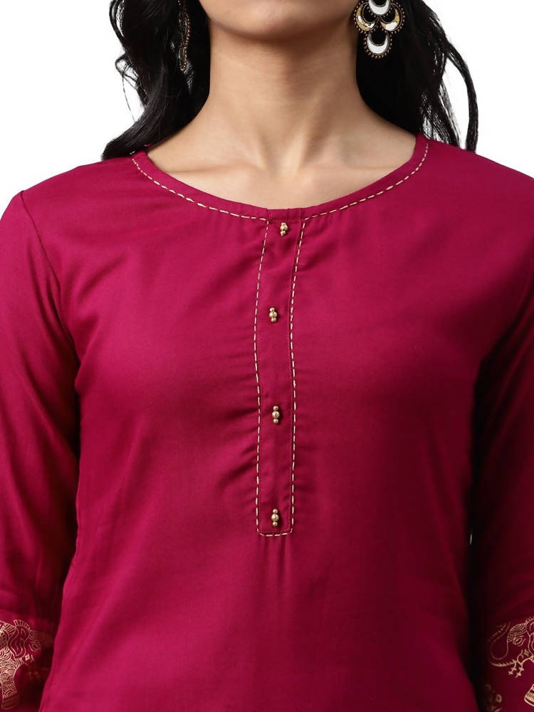 Yufta Women Pink And Golden Pure Cotton Solid Kurta with Palazzo and Dupatta