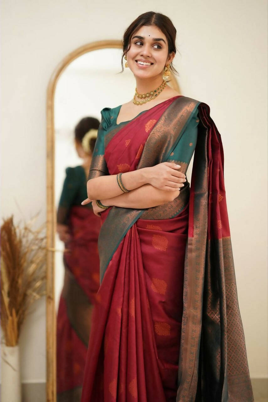 DEIANA'S Beautiful Designer Golden zari Soft Lichi Silk Saree - Maroon