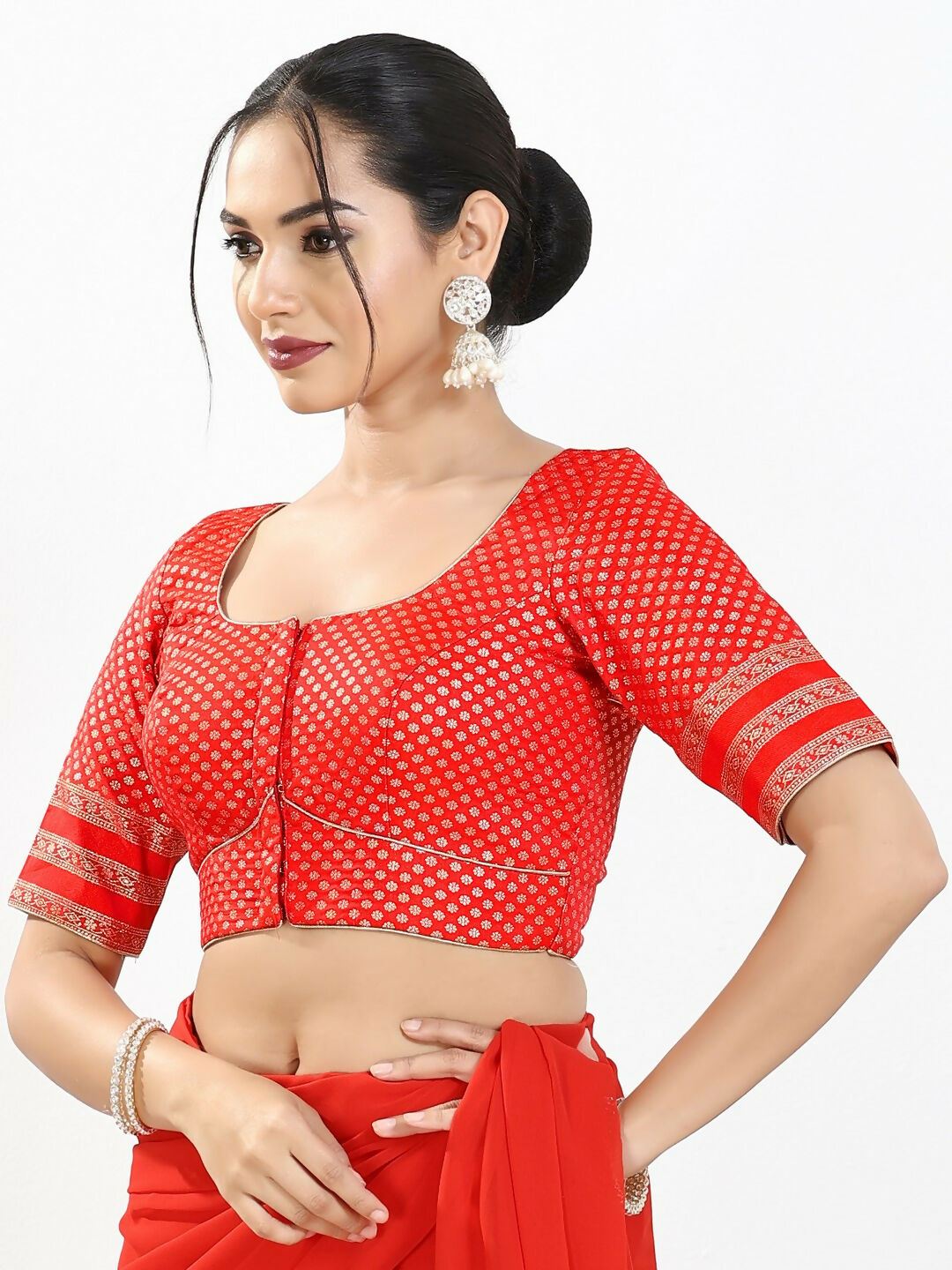 Joban Fashion Red Brocade Padded Blouse With Round Neck Elbow Sleeves - Distacart