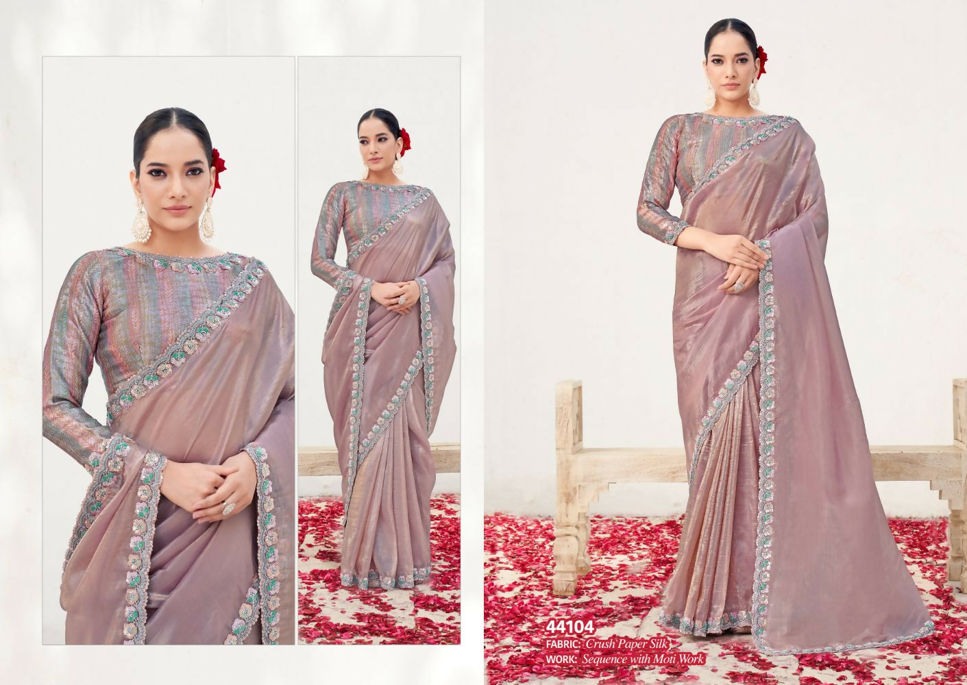 Pyaji Crush Paper Silk Moti work Saree with Unstitched Blouse - Norita Varya