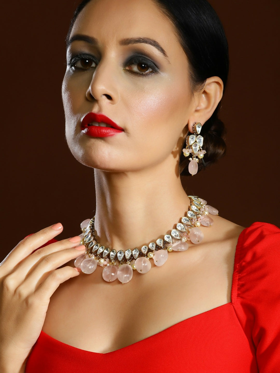 Blush Pink Kundan Choker with Earrings- Ruby Raang