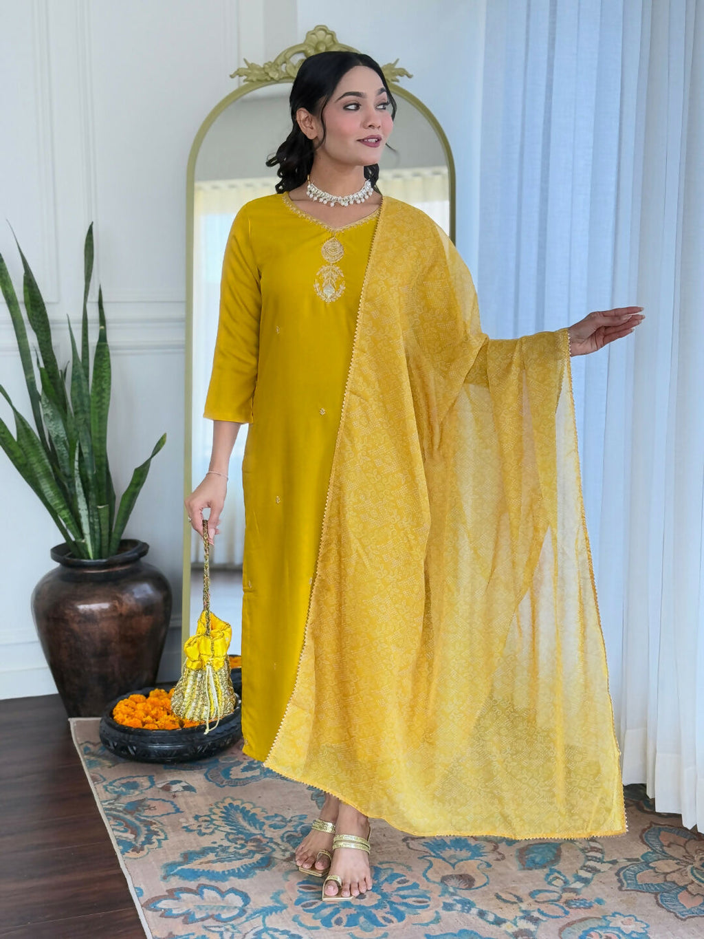 The52 Yellow Women's Beautiful Embroidered Rayon Fabric with Straight Kurta, Pant and Dupatta Set - Distacart
