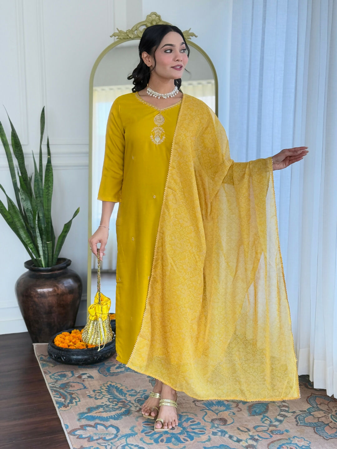 The52 Yellow Women's Beautiful Embroidered Rayon Fabric with Straight Kurta, Pant and Dupatta Set - Distacart