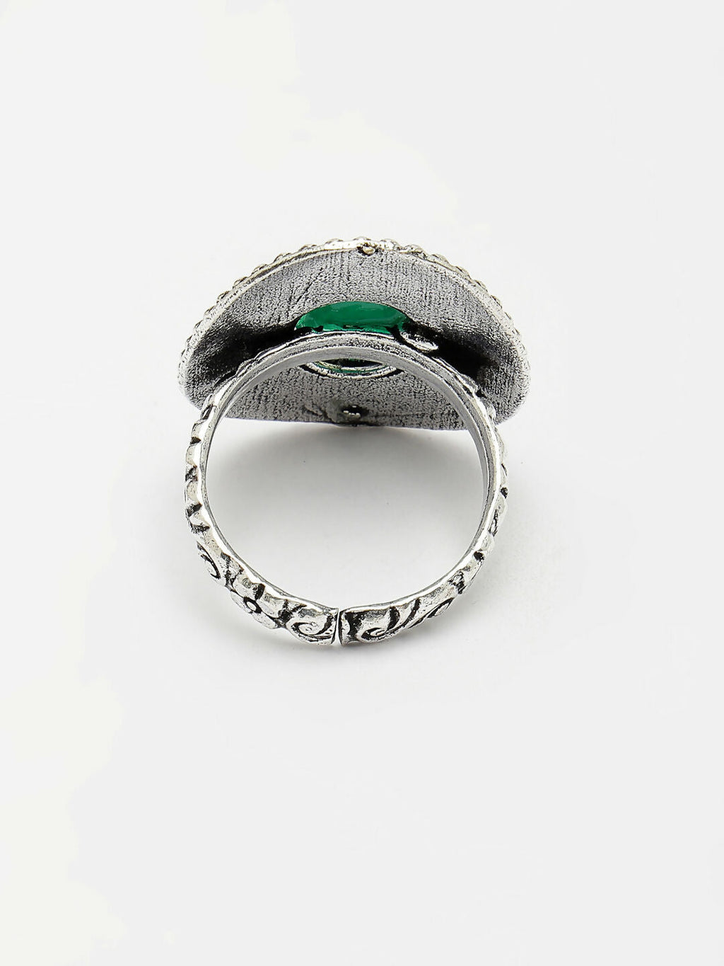 NVR Women's Green Silver-Toned German Silver Adjustable Finger Ring