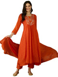The52 Orange Women's Gorgeous Embroidered Chinon Fabric Flared Kurta Pant and Dupatta Set - Distacart