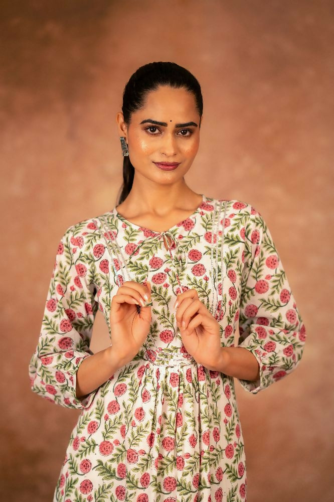 Joban Fashion Red Floral Hand Block Printed Cotton Kurta Pant Set - Distacart