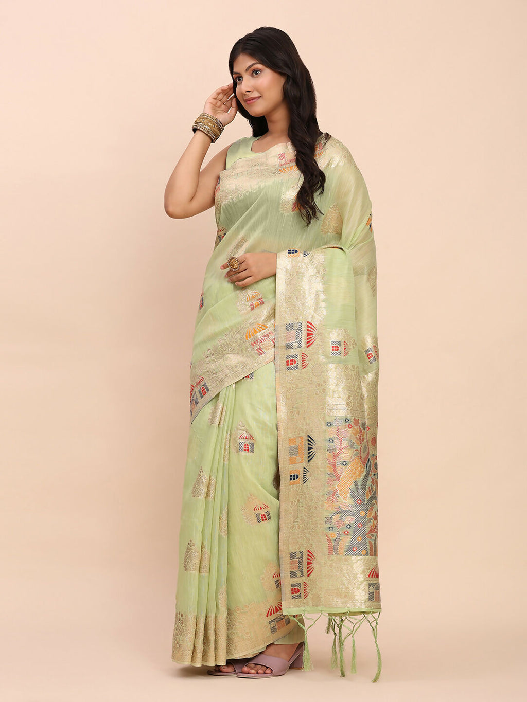 Shree Shyam Fashion Linen Cotton Light Green Saree - Distacart