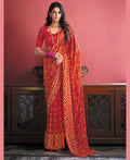 Red Georgette Brasso Floral Printed Saree With Unstitched Blouse Piece - Zyanya