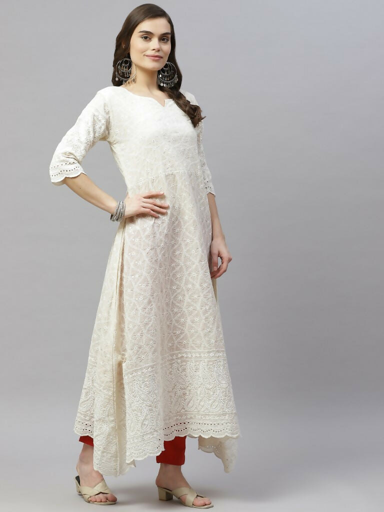 Miravan Women's Beige Embroidered Chikankari Kurta & Dupatta