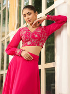 Janasya Pink Georgette Embroidered Top & Skirt