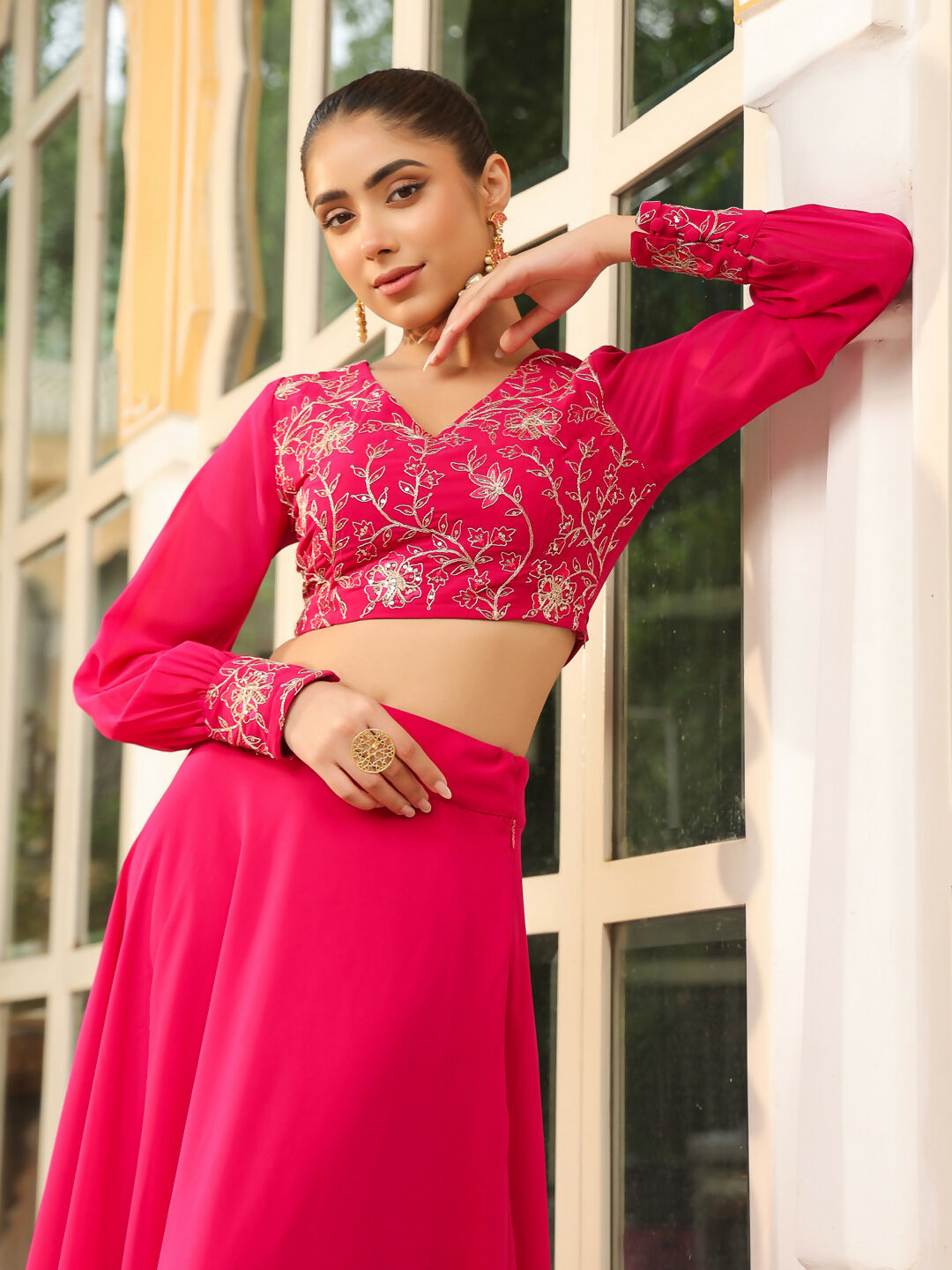 Janasya Pink Georgette Embroidered Top & Skirt