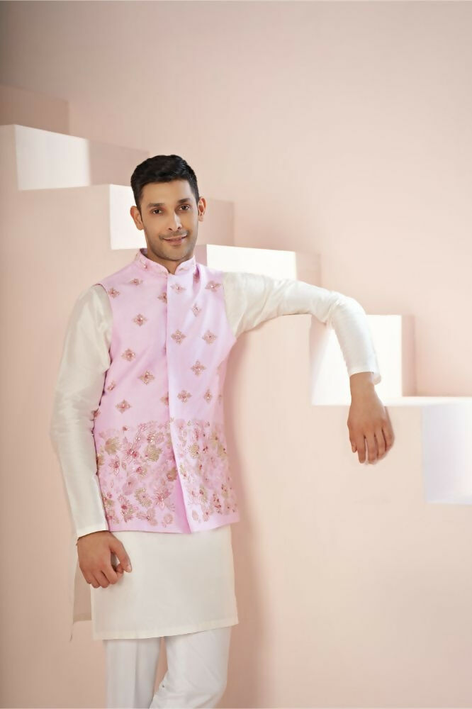 Lavender Pink Hand Embroidered Nehru Jacket by Hilo Design