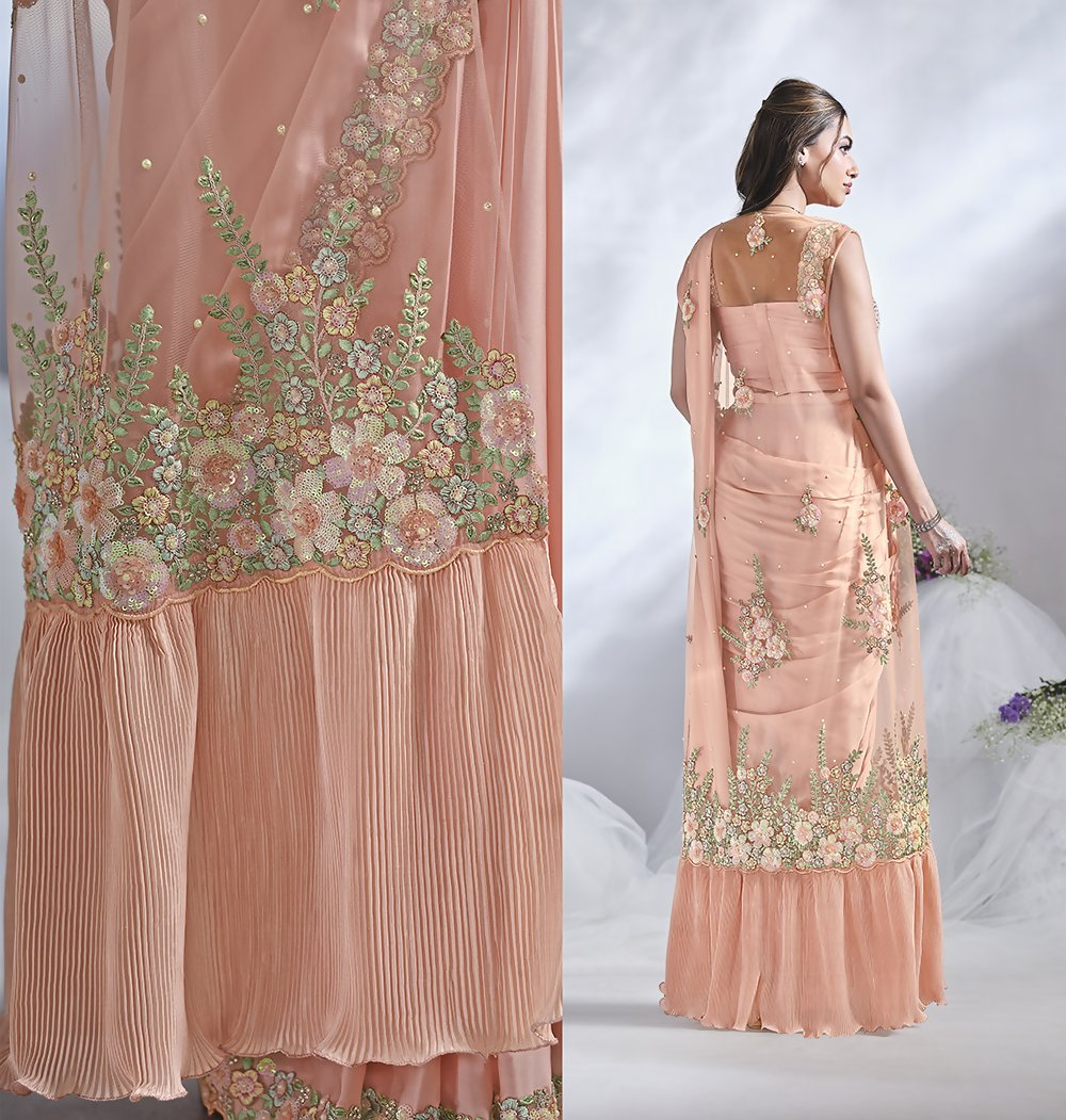 Peach Crepe Satin Silk Designer Ready to wear saree with stithced Blouse - Mohmanthan Aura