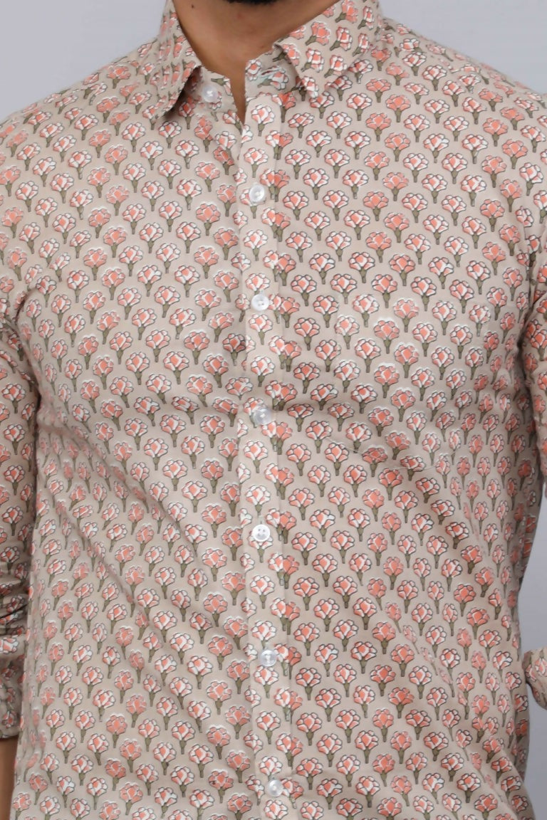 Miravan Men's Beige Pure Cotton Handblock Floral Print Shirt